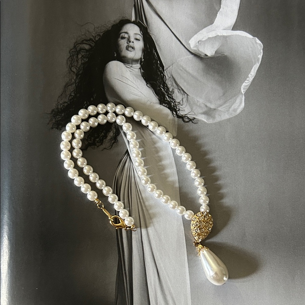 Eisenberg  White Pearl Beaded Necklace with Gold Pave Teardrop and Pearl Drop